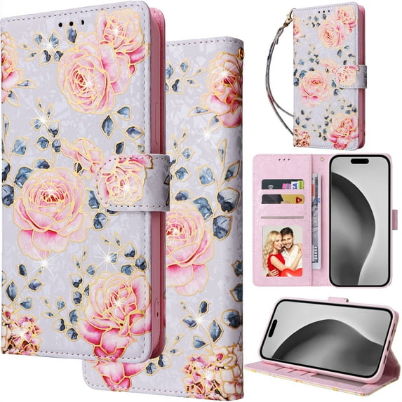 for iPhone 16 Pro Leather Phone Case Wallet Gilding Bronzing Rose Flower Butterfly Folio Flip Cover Kickstand, RFID Blocking Card Holder Cash Slot, Magnetic Clasp, Wrist Strap