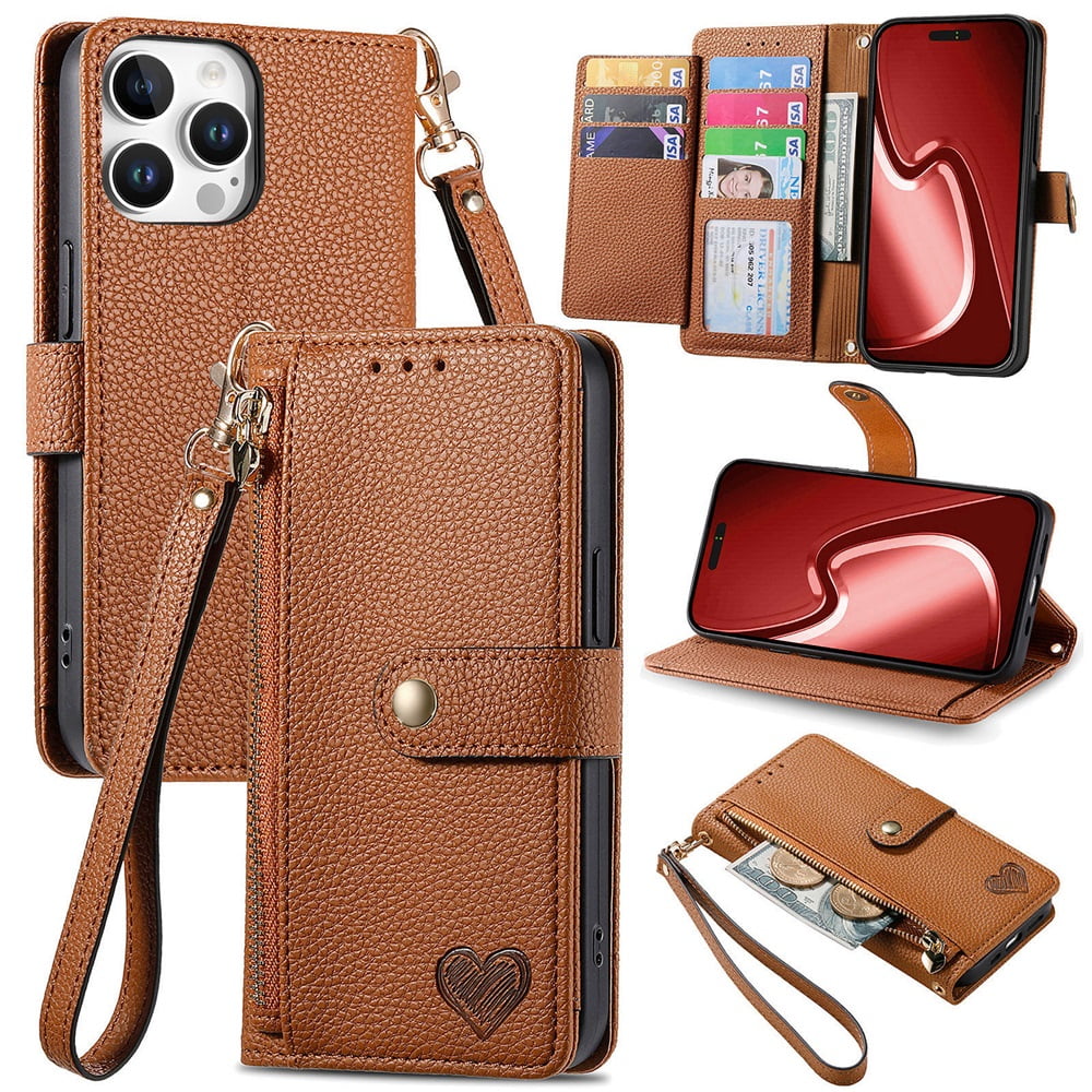 For iPhone 16 Pro Leather Phone Case Wallet Zipper Pocket Pouch Folio Flip Cover Kickstand, Multi Anti-theft Card Holder Cash Slot, Double Magnetic Buckle, Wrist Lanyard,Brown,For iPhone 16 Pro