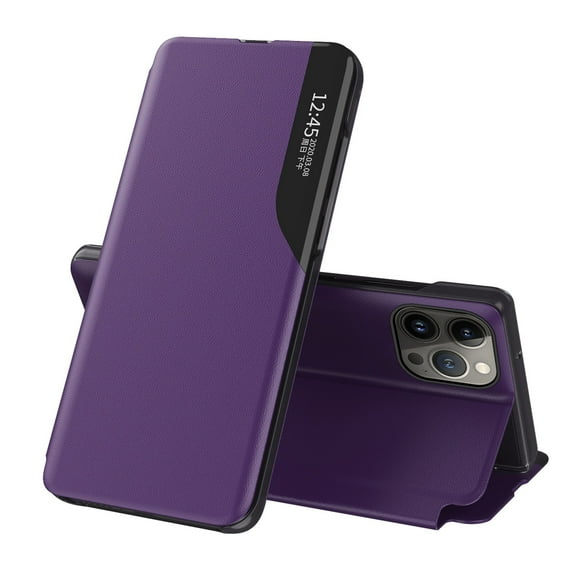 for iPhone 16 Pro Luxury Phone Case, Fashion Slim Business Smart Window Hard PC + PU Leather Kickstand Flip Shockproof Premium Full Body Anti-Scratch Case Cover for iPhone 16 Pro,Purple