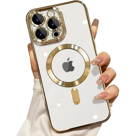 for iPhone 16 Pro MagSafe Case with Camera Lens Protector,Full Protection Clear Magnetic Case Compatible with MagSafe Elegant Anti-Scratch Case Cover for iPhone 16 Pro Gold