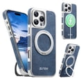 thumbnail image 1 of for iPhone 16 Pro Magnetic Case with 360 Rotating Ring Kickstand, Compatible with MagSafe, Denim Texture Metal Hard PC Stylish Anti-Scratch Wireless Charging Shockproof Phone Cover, Blue, 1 of 10