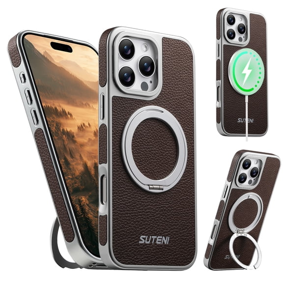for iPhone 16 Pro Magnetic Case with 360 Rotating Ring Kickstand & Wireless Charging Support, Compatible with MagSafe, Lychee Texture PU Leather Metal Fashion Protective Phone Case, Brown