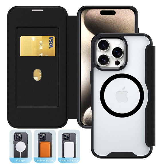 for iPhone 16 Pro Magnetic Case, Compatible with Magsafe, Ultra Slim PU Leather Folio Flip Wallet Case with Card Slot & Transparent Back Cover for iPhone 16 Pro, RFID Blocking, Black