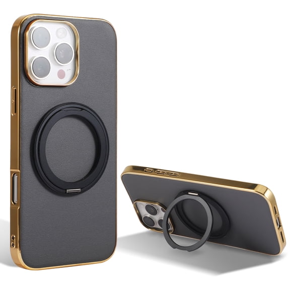 for iPhone 16 Pro Magnetic Case with Invisible Ring Stand [Compatible with Wireless Charging], Luxury PU Leather Slim Stand Shockproof Phone Cover for iPhone 16 Pro, Gray