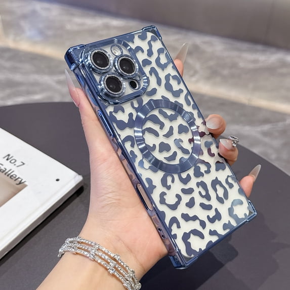 for iPhone 16 Pro Magnetic Case, Luxury Leopard Print Pattern Plating Phone Case with Glitter Bling Lens Circle, Support Wireless Charging, Clear Shockproof Back Cover for Women Girls, Blue