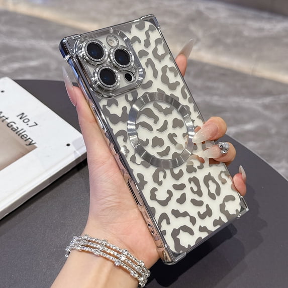 for iPhone 16 Pro Magnetic Case, Luxury Leopard Print Pattern Plating Phone Case with Glitter Bling Lens Circle, Support Wireless Charging, Clear Shockproof Back Cover for Women Girls, Silver