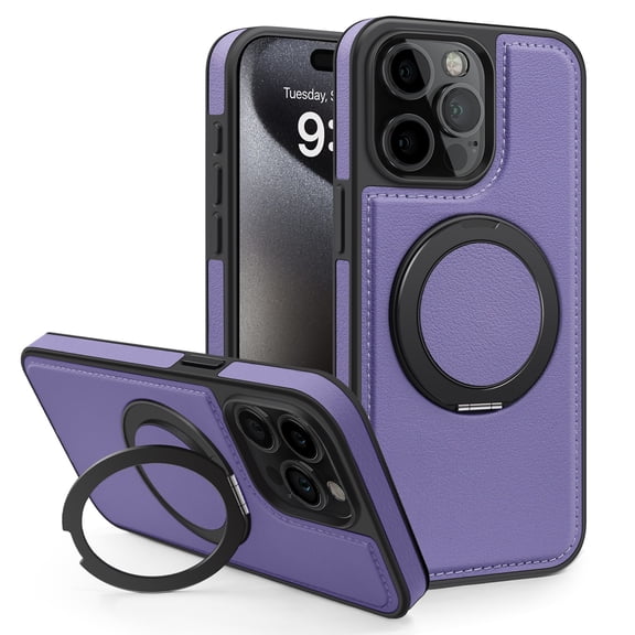 for iPhone 16 Pro Magnetic Case, Rotating Kickstand Ring Holder, Compatible with Mag-Safe, Luxury PU Leather Slim Shockproof Protective Phone Cover for iPhone 16 Pro, Purple