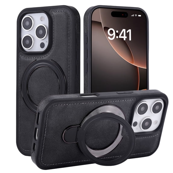 for iPhone 16 Pro Magnetic Case with Stand & Ring Holder, Compatible with Mag-Safe Slim PU Leather Durable TPU Drop Proof Kickstand Protective Phone Cover for iPhone 16 Pro, Black