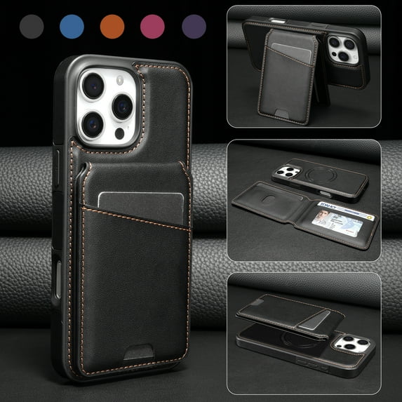 For iPhone 16 Pro Magnetic Detachable Wallet Case,With Kickstand,Compatible With Magsafe,With Card Slots Flip PU Leather Protective Shockproof Anti-fall Thin Fit Phone Case,Black
