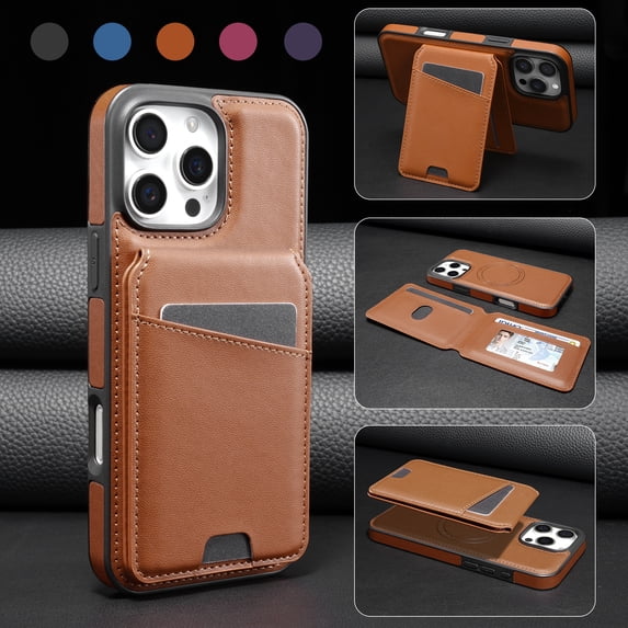 For iPhone 16 Pro Magnetic Detachable Wallet Case,With Kickstand,Compatible With Magsafe,With Card Slots Flip PU Leather Protective Shockproof Anti-fall Thin Fit Phone Case,Brown