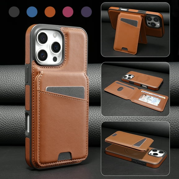 For iPhone 16 Pro Magnetic Detachable Wallet Case,With Kickstand,Compatible With Magsafe,With Card Slots Flip PU Leather Protective Shockproof Anti-fall Thin Fit Phone Case,Brown