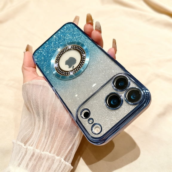 for iPhone 16 Pro Magnetic Glitter Case, Compatible with Mag-Safe, Camera Lens Protector, Plating Edge Gradient Shining Paper Clear Protection Dust-Proof Net Cover for iPhone 16 Pro, Blue