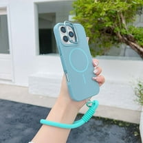 For iPhone 16 Pro Magnetic Phone Case,Compatible with Mag-Safe,With Contractile Lens Ring Kickstand,Wrist Strap,Shockproof Rugged Anti-Scratch Ultra Slim Thin Fit Phone Case,Blue