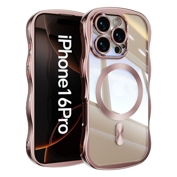 For iPhone 16 Pro Magnetic Phone Case,Cute Wavy Electroplated Bumper,Compatible with Mag-Safe,Ultra Slim Shockproof Drop Protection,Anti-Scratch Rugged Thin Fit Phone Case Cover,Pink