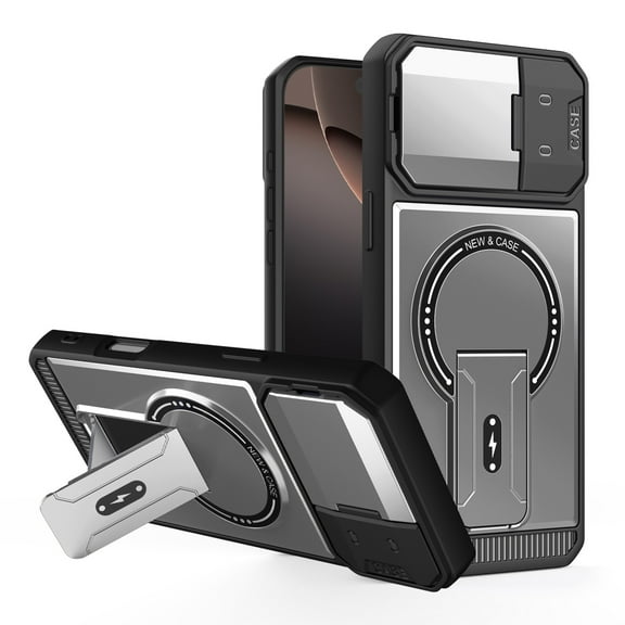 For iPhone 16 Pro Magnetic Phone Case,With Invisible Kickstand,Compatible with Mag-safe,With Flip Camera Cover,Heavy Duty Shockproof Protection Rugged Anti-fall Durable Phone Case,Gray