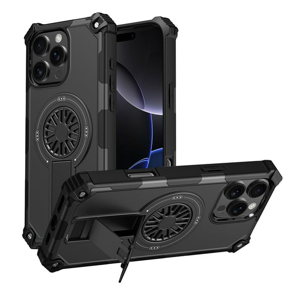 For iPhone 16 Pro Magnetic Phone Case,With Retractable Kickstand,360 ° Rotatable Shafts Design,Compatible with Mag-safe,Shockproof Heavy Duty Anti-fall Durable Rugged Phone Case,Black