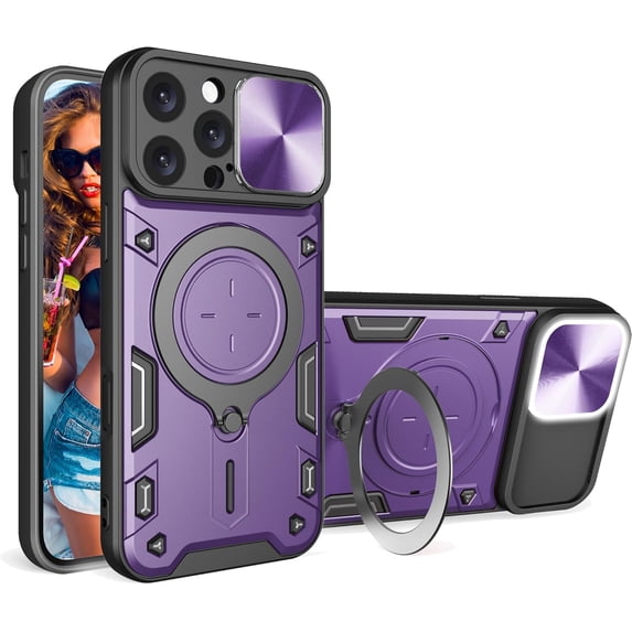 for iPhone 16 Pro Max 6.9" Case with Magnetic Ring Kickstand, Rugged Military Grade Shockproof Heavy Duty Case with Slide Camera Lens Cover for Apple iPhone 16 Pro Max JS-Purple