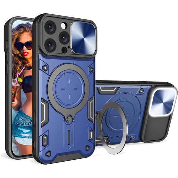 for iPhone 16 Pro Max 6.9" Case with Magnetic Ring Kickstand, Rugged Military Grade Shockproof Heavy Duty Case with Slide Camera Lens Cover for Apple iPhone 16 Pro Max JS-Blue
