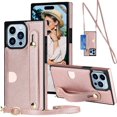 thumbnail image 1 of for iPhone 16 Pro Max 6.9" Crossbody Wrist Strap Wallet Case with Cash Change Slot, Removable Adjustable Shoulder Lanyard PU Leather Cover for Apple iPhone 16 Pro Max XK-Rose Gold, 1 of 14