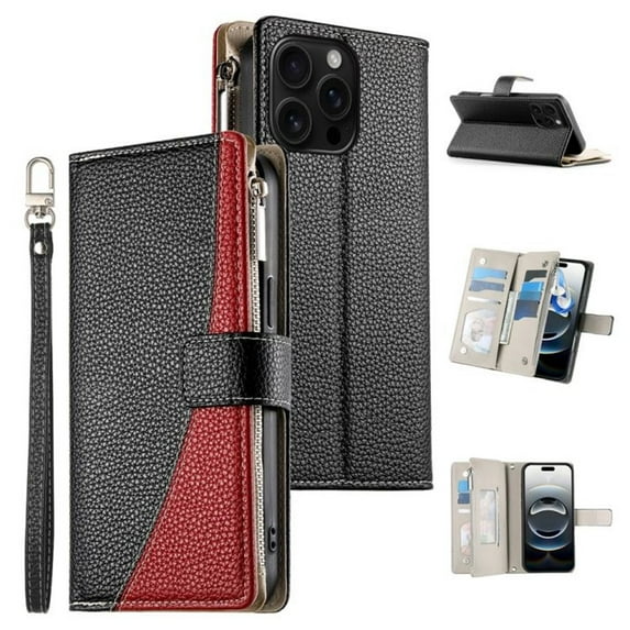 For iPhone 16 Pro Max 6.9" Splicing Multi Card Slots/Pocket Zipper Wallet Strong Magnetic Attachment/Closure, PU Leather Flip Wallet Case With Hanging Rope,Black,For iPhone 16 Pro Max