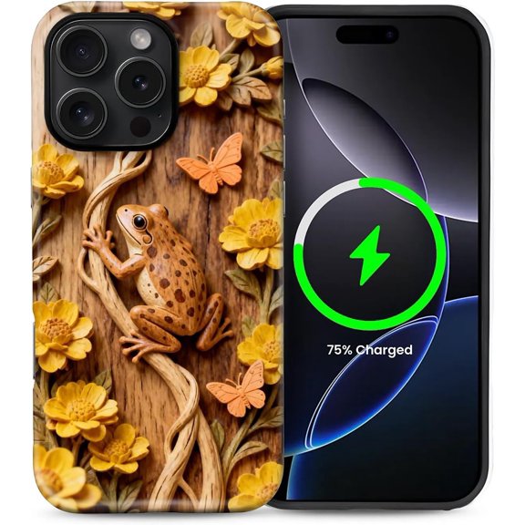 for iPhone 16 Pro Max 6.9inch, Shockproof Anti-Slip with Full-Body Protection Cover, Frosted Matte Textured Fashion Print Design for Girls Wooden Frog
