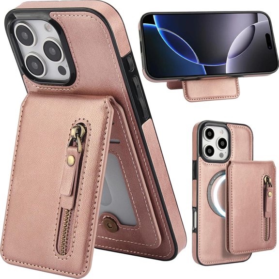 for iPhone 16 Pro Max/Apple 16 Pro Max Case Zipper Wallet with Card Holder, [Compatible with MagSafe] 2 in 1 Flip Premium Leather with Kickstand for Apple iPhone 16 Pro Max. ZFT-Retro Pink