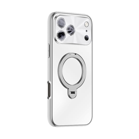 for iPhone 16 Pro Max Back Cover with Ring Kickstand, Luxury PC+TPU Glossy Slim Fit Shock-Absorbent Anti-Scratch Anti-Fingerprint Lens Protection Phone Cover for iPhone 16 Pro Max, White