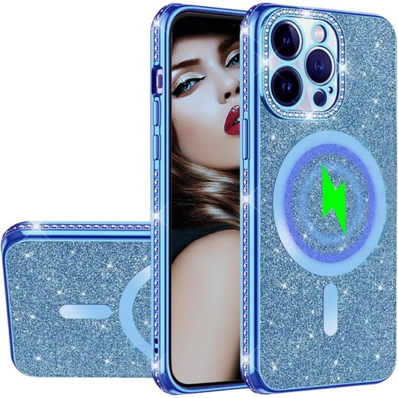 for iPhone 16 Pro Max Bling Crystal Diamonds Rhinestone Bumper Cover, [Compatible with MagSafe] Glitter Sparkle Bling Luxury Shiny Cute TPU Cover Case for 16 Pro Max KZ-Blue