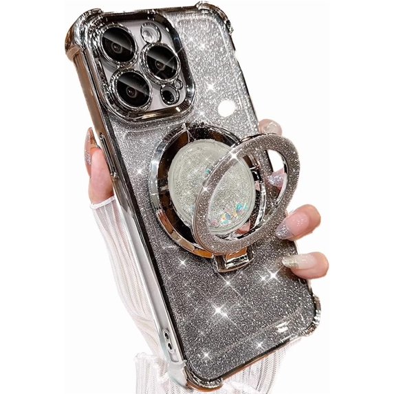 for iPhone 16 Pro Max Bling Kickstand Case, Girls Woman Glitter Floating Liquid Ring Holder with Camera Lens Protector Soft Cute Stand Shockproof Phone Cover for iPhone 16 Pro Max (Silver)