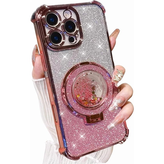 for iPhone 16 Pro Max Bling Kickstand Case, Girly Woman Glitter Floating Liquid Ring Holder with Camera Lens Protector Soft Cute Stand Shockproof Phone Cover for iPhone 16 Pro Max (Pink)