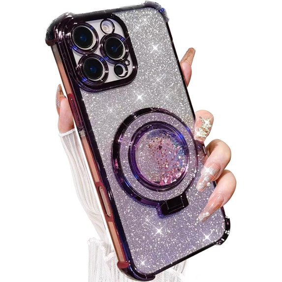 for iPhone 16 Pro Max Bling Kickstand Case, Girly Woman Glitter Floating Liquid Ring Holder with Camera Lens Protector Soft Cute Stand Shockproof Phone Cover for iPhone 16 Pro Max (Purple)