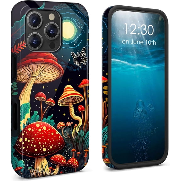 for iPhone 16 Pro Max Case 2024 Dual Layer Cover Hard PC + Soft TPU Black Shockproof Protective Phone Case for iPhone 16 Pro Max 6.9 inch - Mushroom Moon