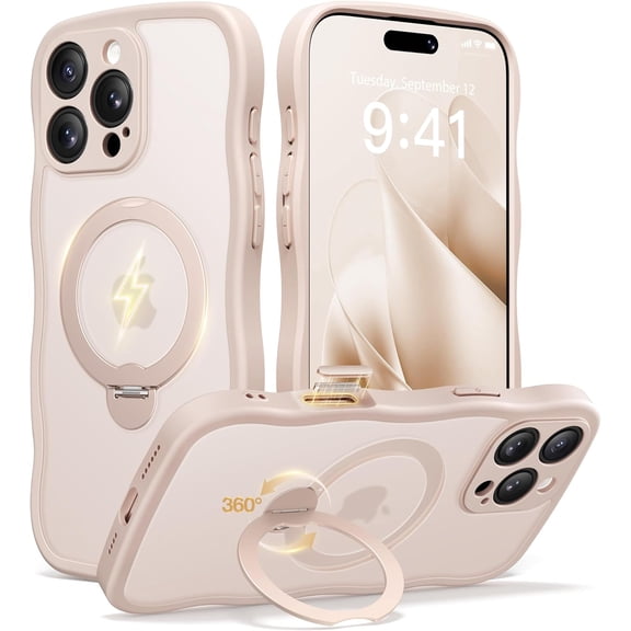 for iPhone 16 Pro Max Case with 360° Spin Magnetic Stand for Women, [Compatible with MagSafe] [Full Camera Protection] Cute Wave Translucent Matte Case for iPhone 16 Pro Max, Rose Gold