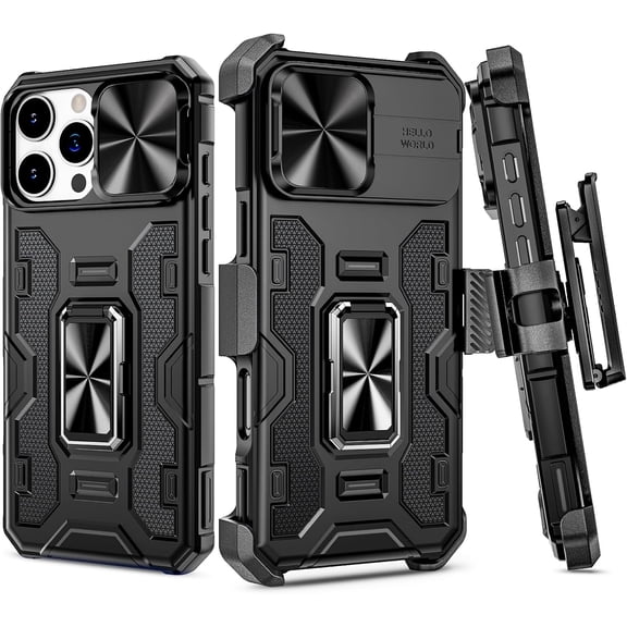 for iPhone 16 Pro Max Case, with Belt Clip Holster & Slide Camera Lens Protector & 360°Rotatable Ring Kickstand Military Grade Heavy Duty Protection Cover for 16 ProMax 5G 6.9 Inch - Black