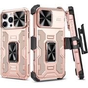 for iPhone 16 Pro Max Case, with Belt Clip Holster & Slide Camera Lens Protector & 360 Rotatable Ring Kickstand Military Grade Heavy Duty Protection Cover for 16 ProMax 5G - Rose Gold