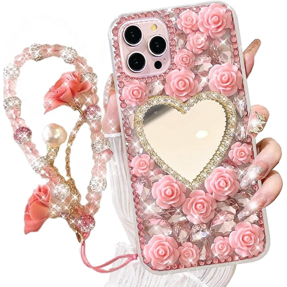 for iPhone 16 Pro Max Case Bling Diamond Case with Flower Strap, Glitter Sparkle Girly Heart Makeup Mirror Rhinestone 3D Pearl Rose Wrist Lanyard Bracelet Cover for iPhone 16 Pro Max (Pink)