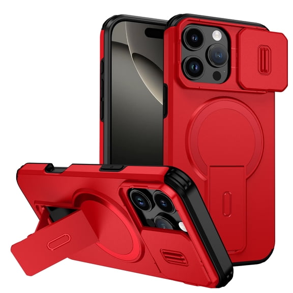 for iPhone 16 Pro Max Case with Camera Sliding Cover & Adjustable Kickstand, Magnetic Wireless Charging Rugged Shockproof Bumper Cases Heavy-Duty Magnetic Protective Phone Cover, Red
