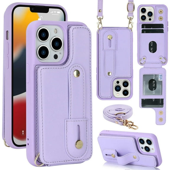 for iPhone 16 Pro Max Case with Card Holder Crossbody Lanyard Strap Leather Wallet Case with Magnetic Clasp Kickstand Heavy Duty Protective Back Flip Phone Cover for Women,Purple