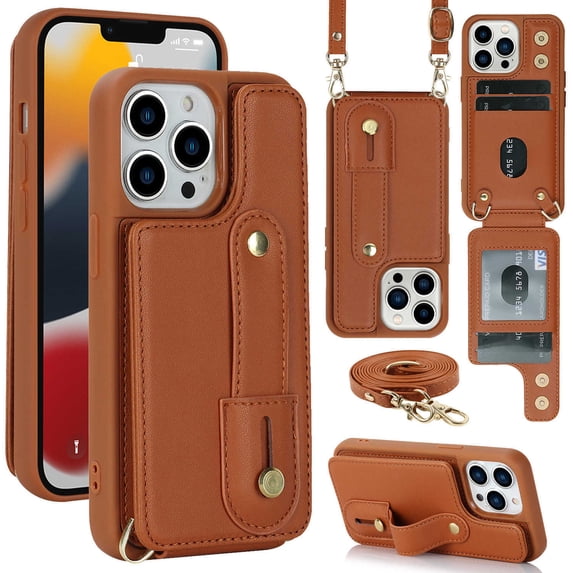 for iPhone 16 Pro Max Case with Card Holder Crossbody Lanyard Strap Leather Wallet Case with Magnetic Clasp Kickstand Heavy Duty Protective Back Flip Phone Cover for Women,Brown