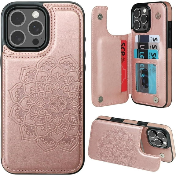 for iPhone 16 Pro Max Case with Card Holder, Flower Magnetic Clasp Flip Case for iPhone 16 Pro Max Wallet Case for Women, Protective Case Phone Case for iPhone 16 Pro Max (6.9 Inch),Rose Gold
