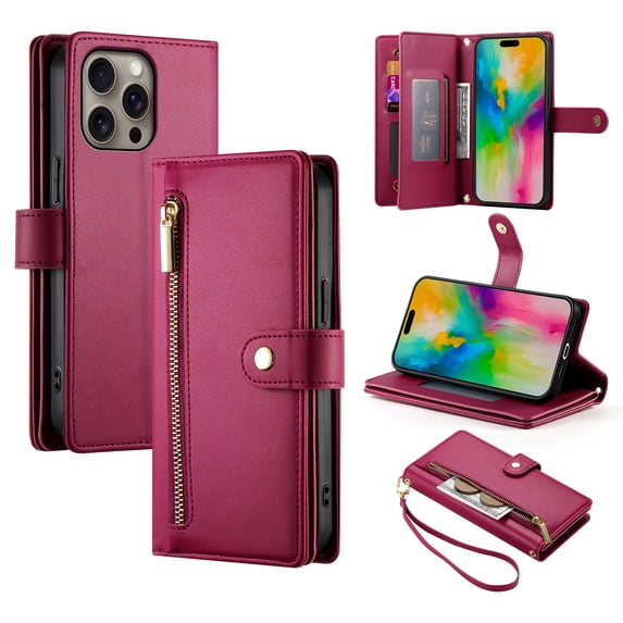 for iPhone 16 Pro Max Case with Card Holder, Retro Premium PU Leather Shoulder Wrist Strap Zipper Kickstand Flip Cover Women Girl Wallet Phone Case for iPhone 16 Pro Max, Red