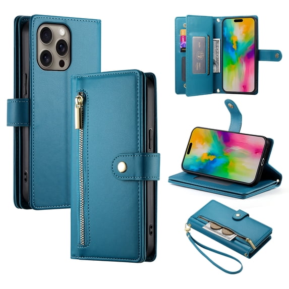 for iPhone 16 Pro Max Case with Card Holder, Retro Premium PU Leather Shoulder Wrist Strap Zipper Kickstand Flip Cover Women Girl Wallet Phone Case for iPhone 16 Pro Max, Blue