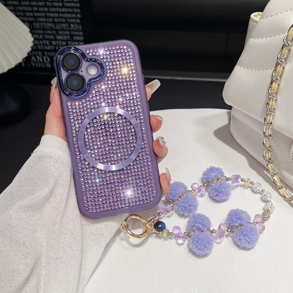 for iPhone 16 Pro Max Case with Chain, [Compatible with MagSafe] Glitter Crystal Diamond Rhinestone Sparkle Sparkly Bumper Camera Lens Protector Shockproof Phone Case for iPhone 16 Pro Max, Purple