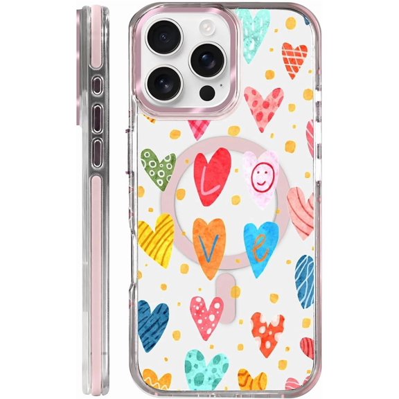for iPhone 16 Pro Max Case Clear, [Magnetic Charging Compatible][Military-Grade Protection][Anti-Yellowing] Shockproof Slim Magnetic Phone Case for iPhone 16 Pro Max, Colorful Hearts