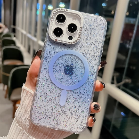 for iPhone 16 Pro Max Case, Compatible with MagSafe Clear Glitter Magnetic Military Grade Drop Protection Anti Yellowing Slim Case Shockproof Protective Sparkly Women Girls Cover - Blue