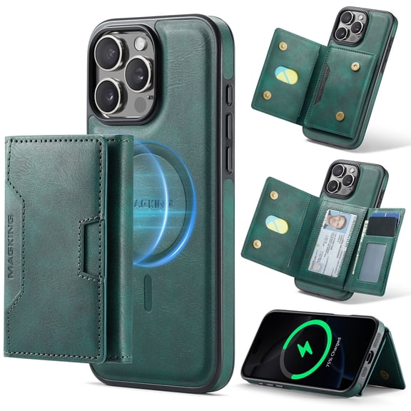 For iPhone 16 Pro Max Case Compatible with MagSafe, Removable 2 in1 PU Leather Wallet Case with RFID Blocking Card Holder Kickstand Foldable Folio Magnetic Protective Phone Cover,Green