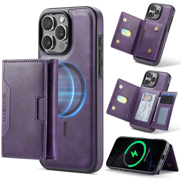 For iPhone 16 Pro Max Case Compatible with MagSafe, Removable 2 in1 PU Leather Wallet Case with RFID Blocking Card Holder Kickstand Foldable Folio Magnetic Protective Phone Cover,Purple
