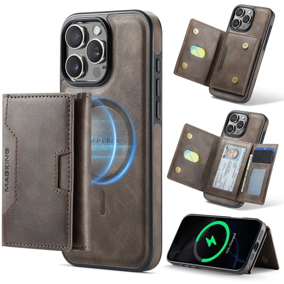 For iPhone 16 Pro Max Case Compatible with MagSafe, Removable 2 in1 PU Leather Wallet Case with RFID Blocking Card Holder Kickstand Foldable Folio Magnetic Protective Phone Cover,Coffee