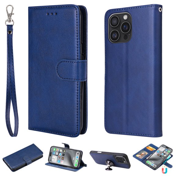 For iPhone 16 Pro Max Case Detachable Wallet, PU Leather Flip Folio Cover with Credit Card Holder, Money Pocket, Magnetic Closure, Hand Strap, Car Mount Support, Full Body Protection,Blue