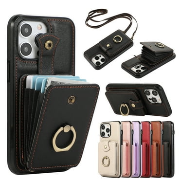 for iPhone 16 Pro Max Case, Elegant Minimalist Wallet Case with Ring Kickstand and Shoulder Strap, Shockproof Stylish Protective Durable PU Leather Cover for iPhone 16 Pro Max, Black